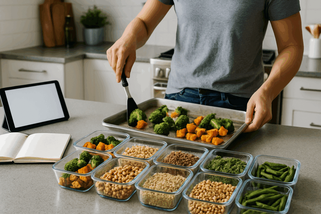 Smart and Satisfying Light Meals for a Healthier Lifestyle: Expert-Approved Ideas for Nutritious Dining Without the Heaviness 6 Person batch-preparing light meals in a modern kitchen with glass containers of roasted vegetables, legumes, and grains.