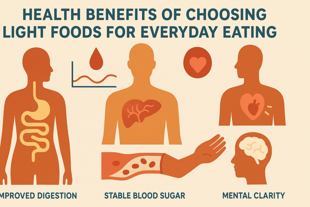 Smart and Satisfying Light Meals for a Healthier Lifestyle: Expert-Approved Ideas for Nutritious Dining Without the Heaviness 3 Stylized infographic showing how light meals support digestion, stable blood sugar, heart health, reduced inflammation, and mental clarity