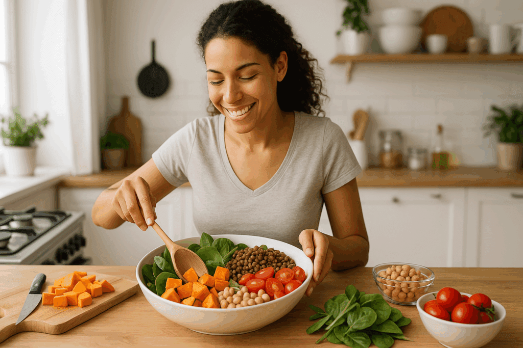 Smart and Satisfying Vegetarian Meals for Weight Loss: Expert-Backed Recipes to Help You Shed Pounds Naturally 1 Cheerful woman preparing vegetarian meals for weight loss with fresh spinach, sweet potatoes, lentils, tomatoes, and chickpeas in a bright kitchen