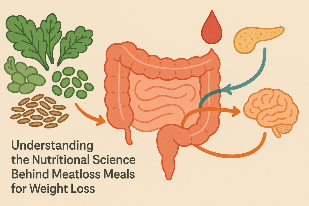 Smart and Satisfying Vegetarian Meals for Weight Loss: Expert-Backed Recipes to Help You Shed Pounds Naturally 2 Illustration of fiber-rich vegetarian meals for weight loss showing leafy greens, legumes, and grains influencing gut health, blood sugar, and appetite-regulating hormones.