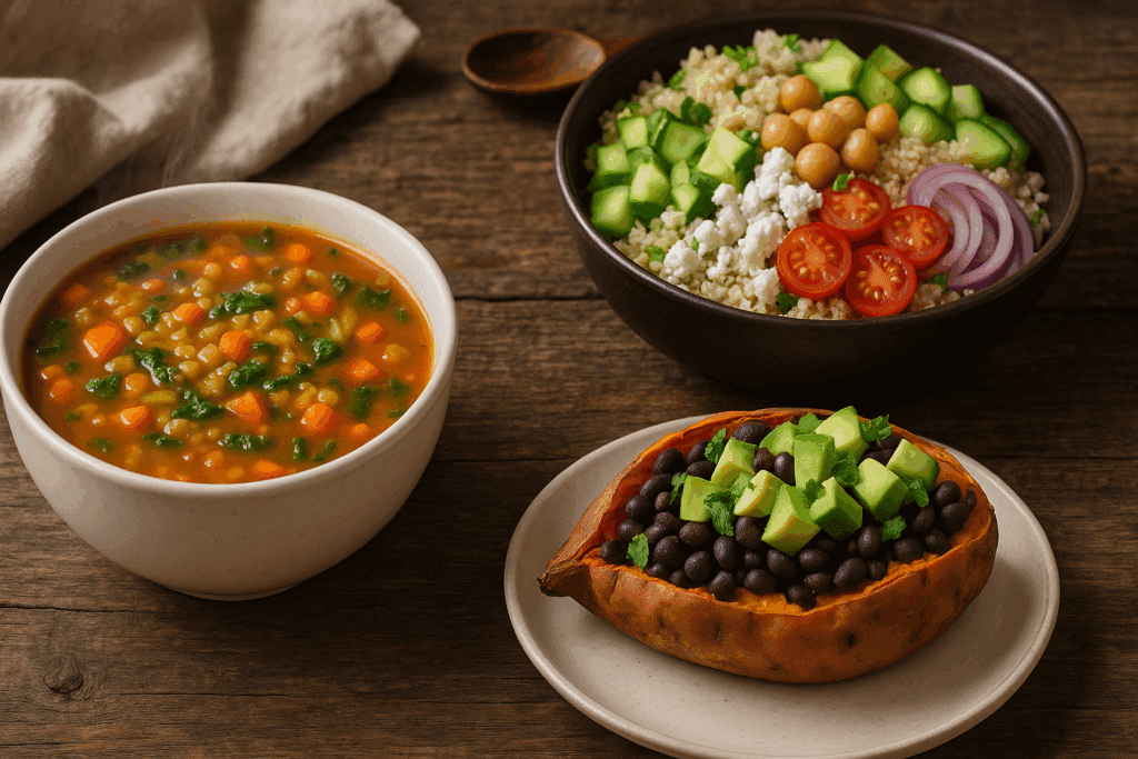 Smart and Satisfying Vegetarian Meals for Weight Loss: Expert-Backed Recipes to Help You Shed Pounds Naturally 4 Three colorful vegetarian meals for weight loss on a rustic wooden table: lentil soup, quinoa bowl, and sweet potato with black beans and avocado.