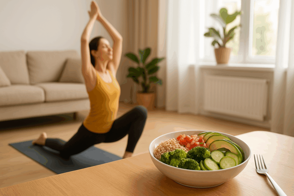 Smart and Satisfying Vegetarian Meals for Weight Loss: Expert-Backed Recipes to Help You Shed Pounds Naturally 5 Woman doing yoga in a sunlit room with a colorful bowl of vegetarian meals for weight loss on the table in the foreground.
