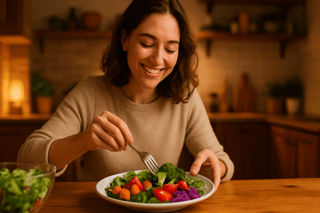 Smart and Satisfying Vegetarian Meals for Weight Loss: Expert-Backed Recipes to Help You Shed Pounds Naturally 6 Smiling woman plating colorful roasted vegetables in a cozy kitchen, representing mindful vegetarian meals for weight loss.