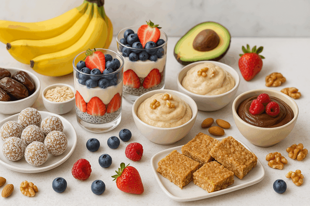 Assorted whole foods vegan desserts on a bright kitchen counter, featuring date energy balls, fruit parfaits with chia pudding, banana ice cream, avocado chocolate mousse, and oat bars surrounded by fresh ingredients.