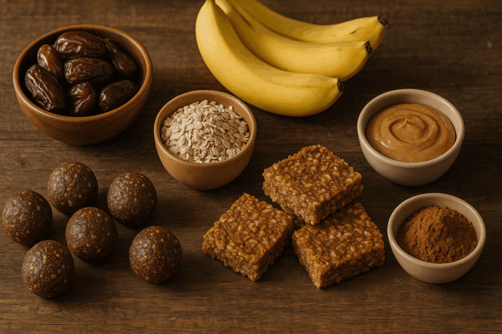 Smart and Sweet: The Best Whole Foods Vegan Desserts for a Healthy Plant-Based Lifestyle 1 Rustic table with whole foods vegan desserts including date balls, banana oat bars, and bowls of oats, cacao, bananas, and almond butter