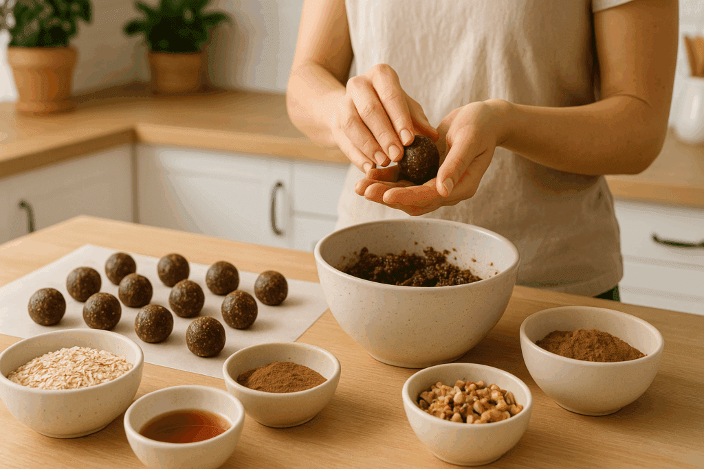 Smart and Sweet: The Best Whole Foods Vegan Desserts for a Healthy Plant-Based Lifestyle 3 Hands rolling date balls with oats, cacao, nuts, and maple syrup in a bright kitchen, making whole foods vegan desserts.