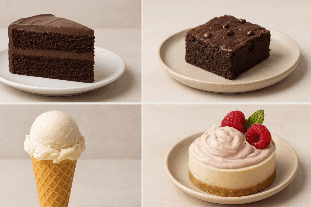 Smart and Sweet: The Best Whole Foods Vegan Desserts for a Healthy Plant-Based Lifestyle 4 Whole foods vegan desserts shown in before-and-after pairs: black bean brownie, coconut nice cream, and cashew cheesecake alternatives