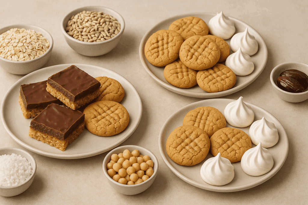 Smart and Sweet: The Best Whole Foods Vegan Desserts for a Healthy Plant-Based Lifestyle 5 Allergen-friendly whole foods vegan desserts including oat bars, sunflower seed cookies, and aquafaba meringues on a beige table with bowls of oats, chickpeas, coconut, and dates.