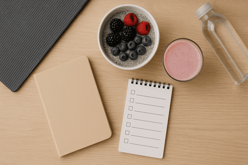 Smart and Sweet: The Best Whole Foods Vegan Desserts for a Healthy Plant-Based Lifestyle 6 Flat-lay of whole foods vegan desserts including chia pudding and a smoothie, with a health journal, checklist, yoga mat, and water bottle.