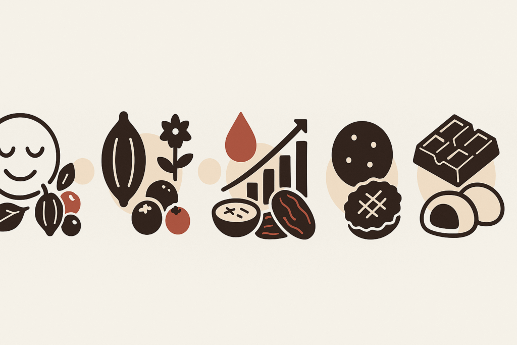 Smart and Sweet: The Best Whole Foods Vegan Desserts for a Healthy Plant-Based Lifestyle 7 Infographic showing five benefits of whole foods vegan desserts using icons of cacao, berries, adaptogens, oats, nut-free cookies, and global treats like date bites and mochi