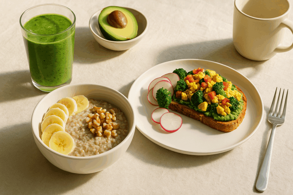 Strong, Healthy, and Fueled: Expert-Approved Healthy Meals for Men That Support Energy and Wellness 2 Energizing breakfast spread with smoothie, steel-cut oats, and avocado toast showcasing plant-based healthy meals for men