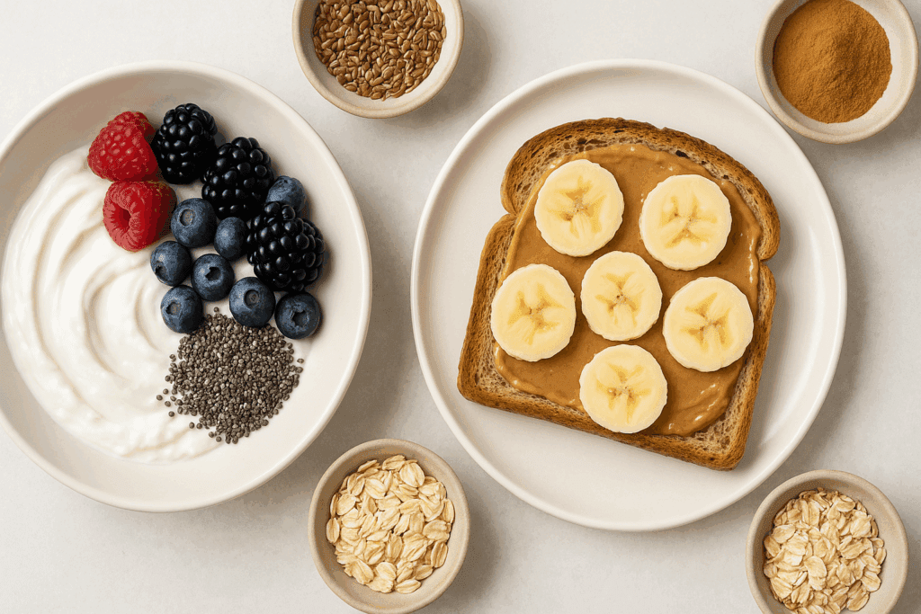 Sweet, Healthy, and Satisfying: Expert-Approved Healthy Sweet Breakfast Ideas to Start Your Day Right 1 Greek yogurt with berries and chia seeds next to whole grain toast topped with almond butter and banana, surrounded by flaxseed, oats, and cinnamon—balanced options for a healthy sweet breakfast.