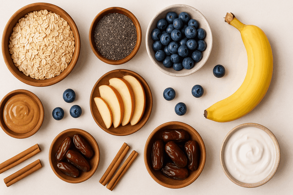 Sweet, Healthy, and Satisfying: Expert-Approved Healthy Sweet Breakfast Ideas to Start Your Day Right 2 Flat lay of oats, chia seeds, banana, blueberries, apple slices, dates, almond butter, and yogurt in ceramic bowls for a healthy sweet breakfast.
