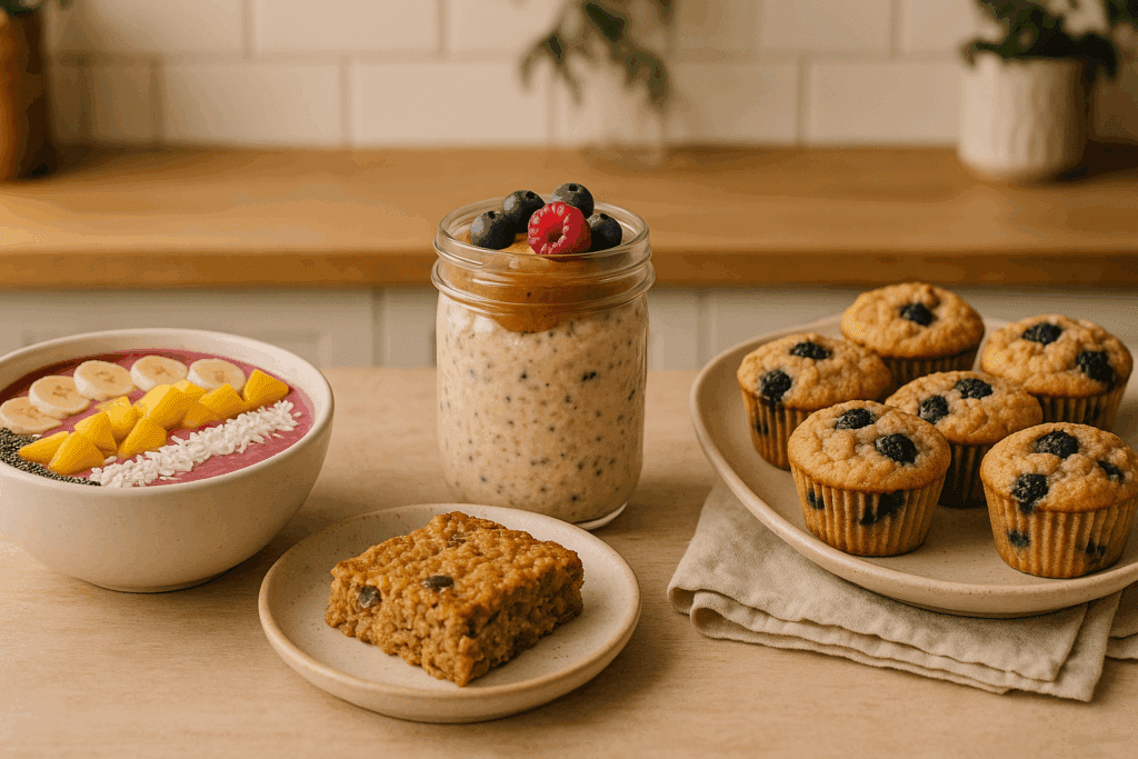 Sweet, Healthy, and Satisfying: Expert-Approved Healthy Sweet Breakfast Ideas to Start Your Day Right 3 Smoothie bowl, overnight oats, baked oatmeal, and blueberry muffins styled on a kitchen counter for a healthy sweet breakfast.