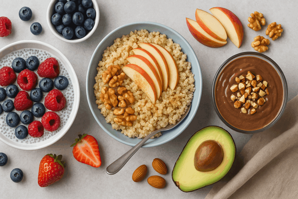 Sweet, Healthy, and Satisfying: Expert-Approved Healthy Sweet Breakfast Ideas to Start Your Day Right 4 Chia pudding with berries, a quinoa apple walnut bowl, and an avocado chocolate smoothie—colorful healthy sweet breakfast options for special diets.