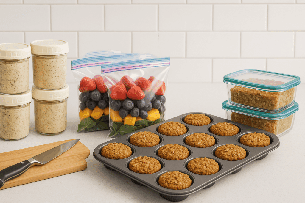 Sweet, Healthy, and Satisfying: Expert-Approved Healthy Sweet Breakfast Ideas to Start Your Day Right 5 Meal prep scene with glass jars of overnight oats, fruit-filled smoothie bags, banana oat muffins, and baked oatmeal squares organized for a healthy sweet breakfast.
