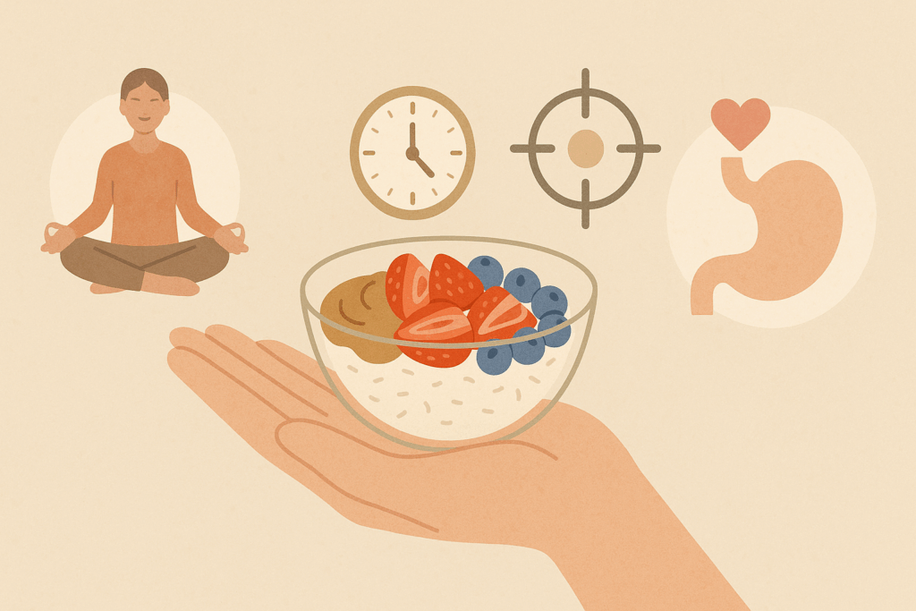 Sweet, Healthy, and Satisfying: Expert-Approved Healthy Sweet Breakfast Ideas to Start Your Day Right 6 Infographic showing a healthy sweet breakfast of oats with berries and nut butter, surrounded by icons for mindful eating and portion control