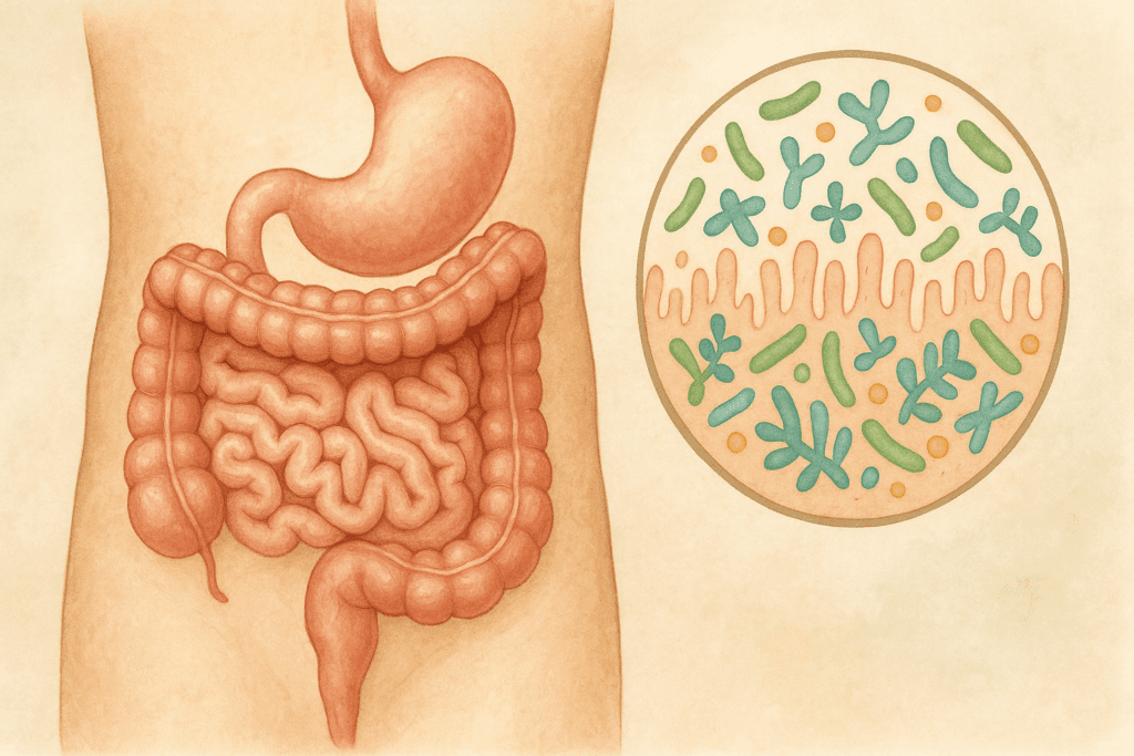 The Essential High Fiber Meal Plan for Gut Health: How a Low Fat High Fiber Menu Supports a Stronger Digestive System 1 Cutaway illustration of a healthy human digestive system with flourishing gut microbiota, supporting a low fat high fiber menu lifestyle.