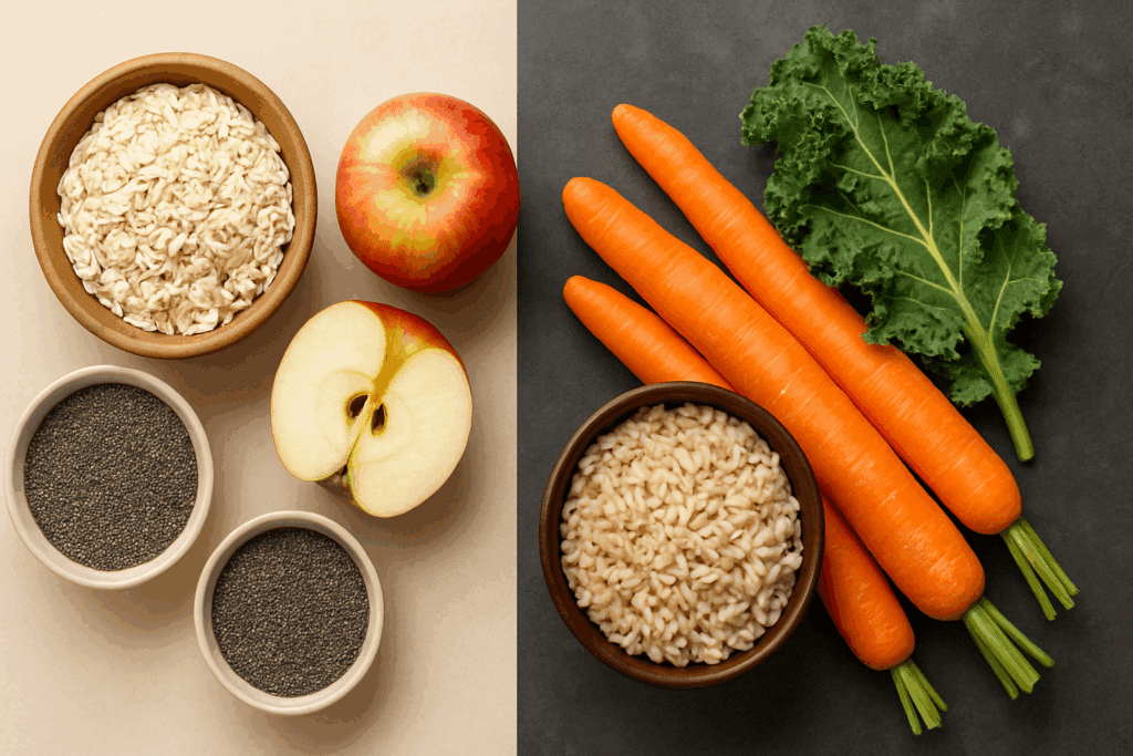 The Essential High Fiber Meal Plan for Gut Health: How a Low Fat High Fiber Menu Supports a Stronger Digestive System 2 Top-down view of a low fat high fiber menu featuring oats, apples, and chia seeds next to carrots, brown rice, and leafy greens on split backgrounds.