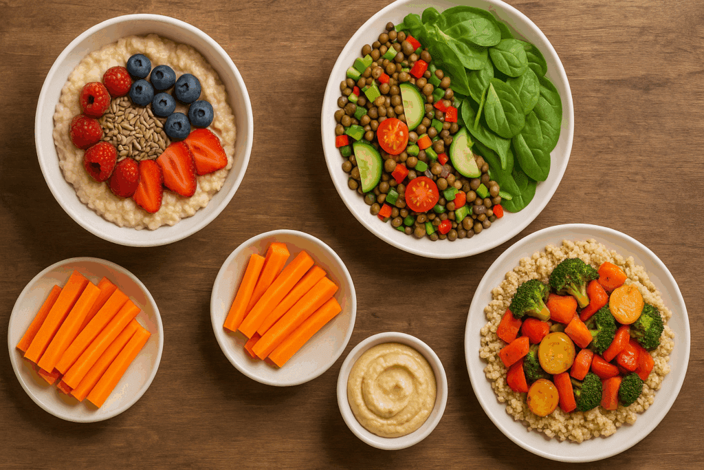 The Essential High Fiber Meal Plan for Gut Health: How a Low Fat High Fiber Menu Supports a Stronger Digestive System 3 Flat-lay of a low fat high fiber menu with oatmeal and berries, lentil salad, carrots with hummus, and quinoa with roasted vegetables.