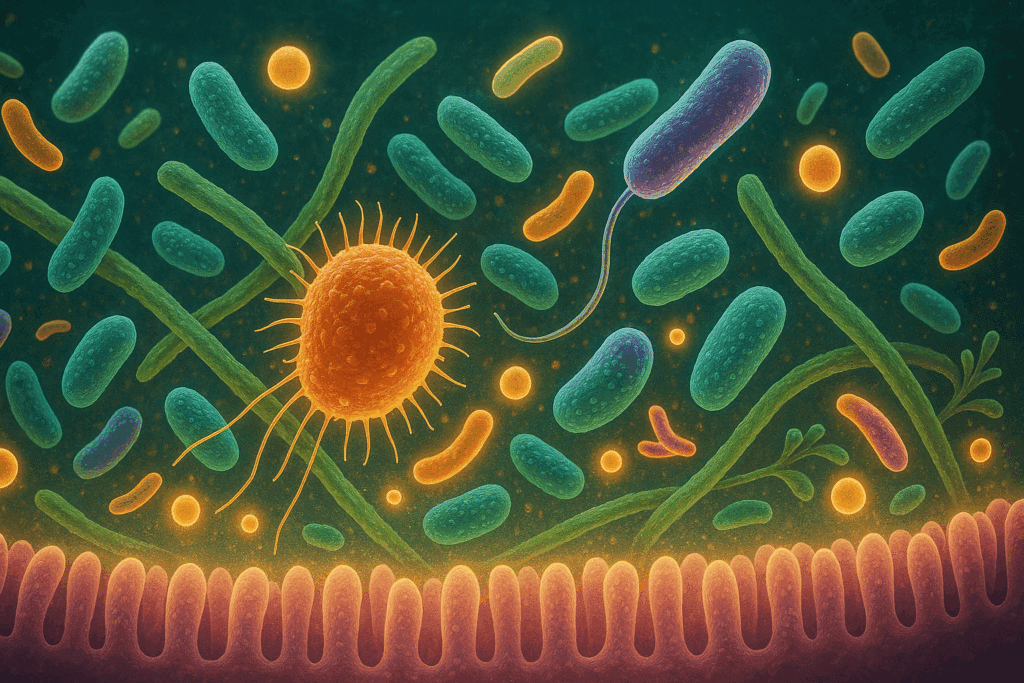 The Essential High Fiber Meal Plan for Gut Health: How a Low Fat High Fiber Menu Supports a Stronger Digestive System 4 Microscopic view of diverse gut bacteria fermenting plant fibers into short-chain fatty acids, supporting a low fat high fiber menu for digestive health.