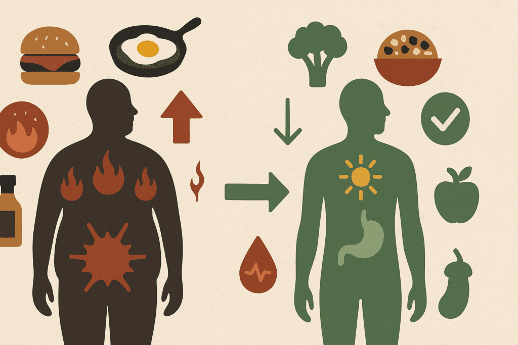 The Essential High Fiber Meal Plan for Gut Health: How a Low Fat High Fiber Menu Supports a Stronger Digestive System 5 Side-by-side illustration comparing effects of a high-fat diet and a low fat high fiber menu on weight, inflammation, and metabolic health