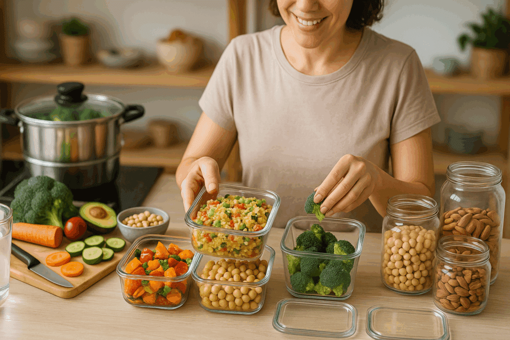 The Essential High Fiber Meal Plan for Gut Health: How a Low Fat High Fiber Menu Supports a Stronger Digestive System 6 Woman preparing a low fat high fiber menu with steamed broccoli, chickpeas, couscous salad, and fresh vegetables in a bright kitchen.