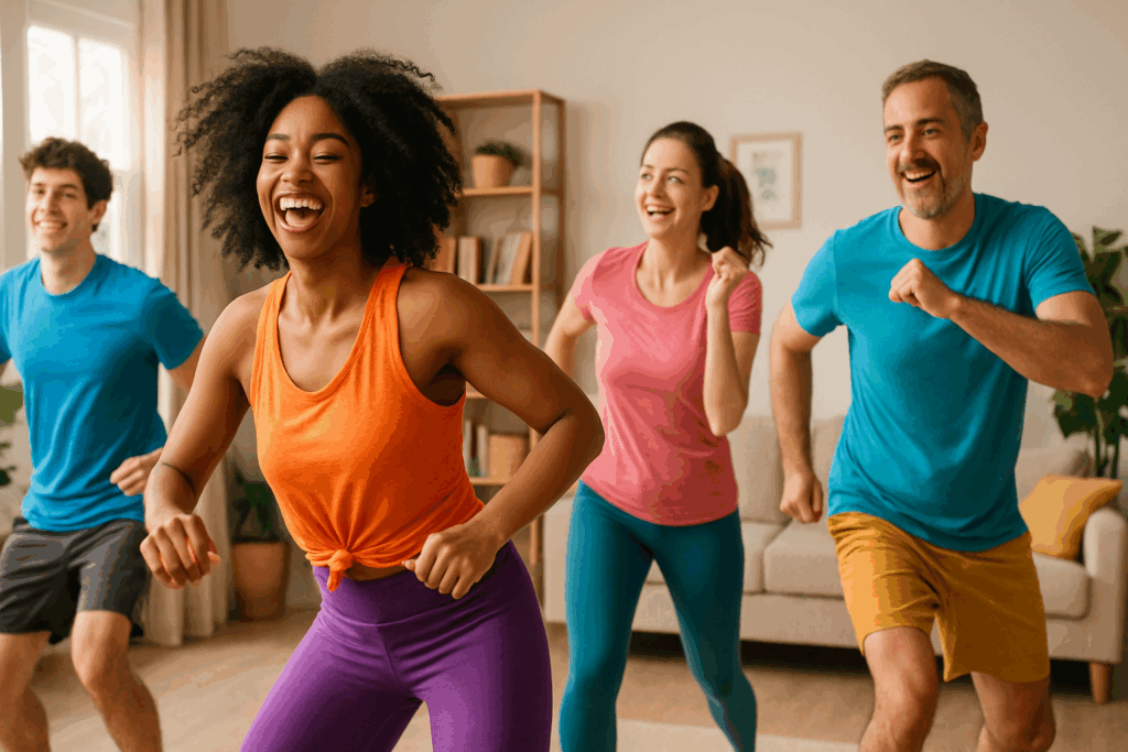 Top Cardio Alternatives to Running at Home: Expert-Approved Workouts to Boost Endurance Without a Treadmill 1 Group of adults enjoying a home dance workout in colorful attire, demonstrating Cardio Alternatives to Running at Home through energetic movement.