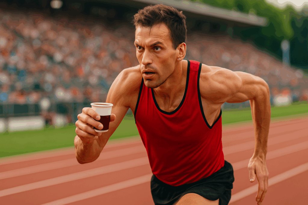 Top Cardio Workout Supplements to Boost Endurance and Performance: What Science Says About the Best Supplements for Cardio 6 Determined male runner holding a cup of energy drink during a stadium race, symbolizing the performance-boosting effects of cardio workout supplements