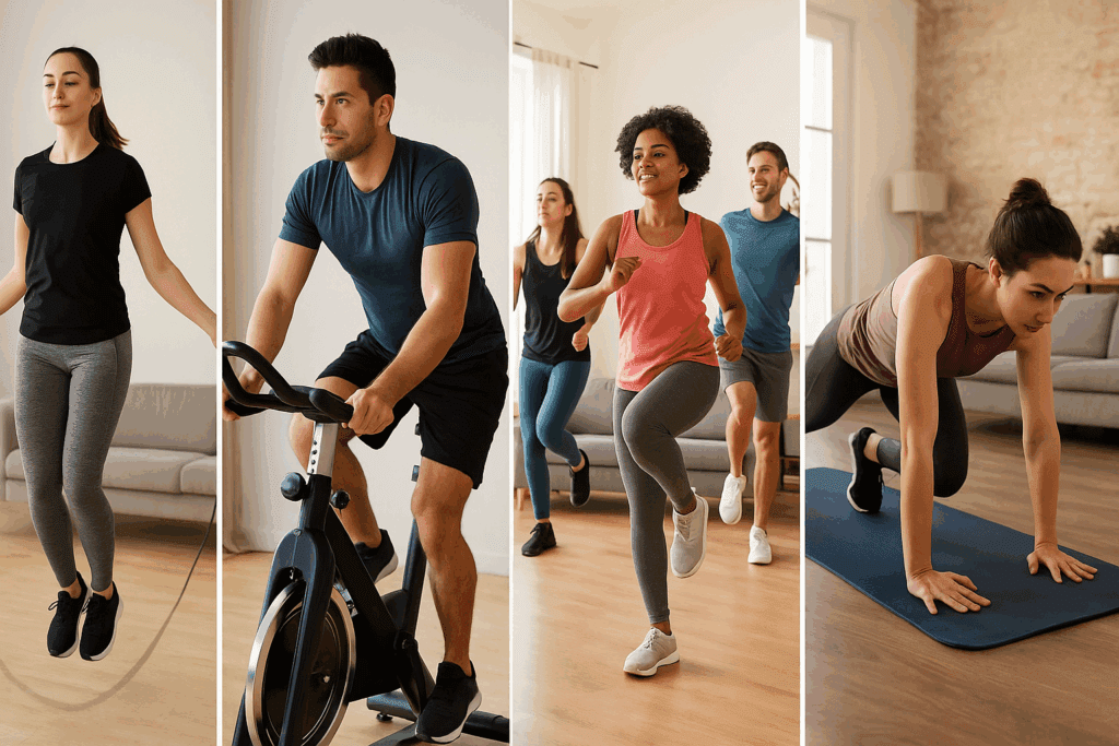 Top Indoor Exercises to Boost Endurance and Stamina: Best Indoor Workout Tips for Peak Performance 2 Woman jump roping, man on a stationary bike, group doing Zumba, and person doing mountain climbers—indoor exercises to boost endurance and stamina.