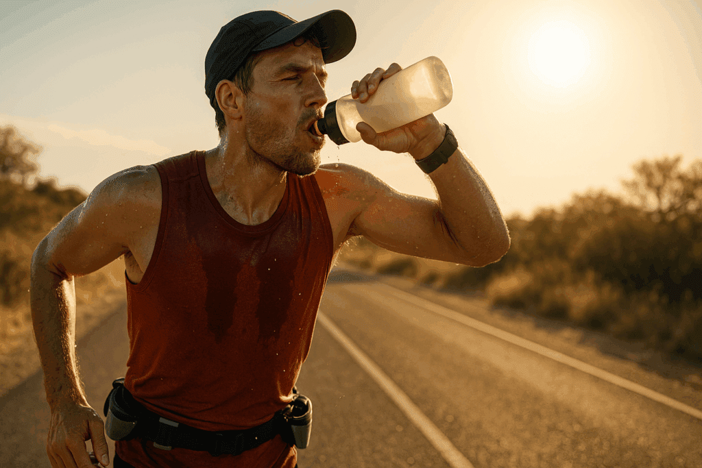 Top Supplements for Athletes: What Science Says About Boosting Endurance, Strength, and Performance Naturally 4 Endurance athlete mid-race drinking water on a hot day, highlighting hydration needs and top supplements for athletes.