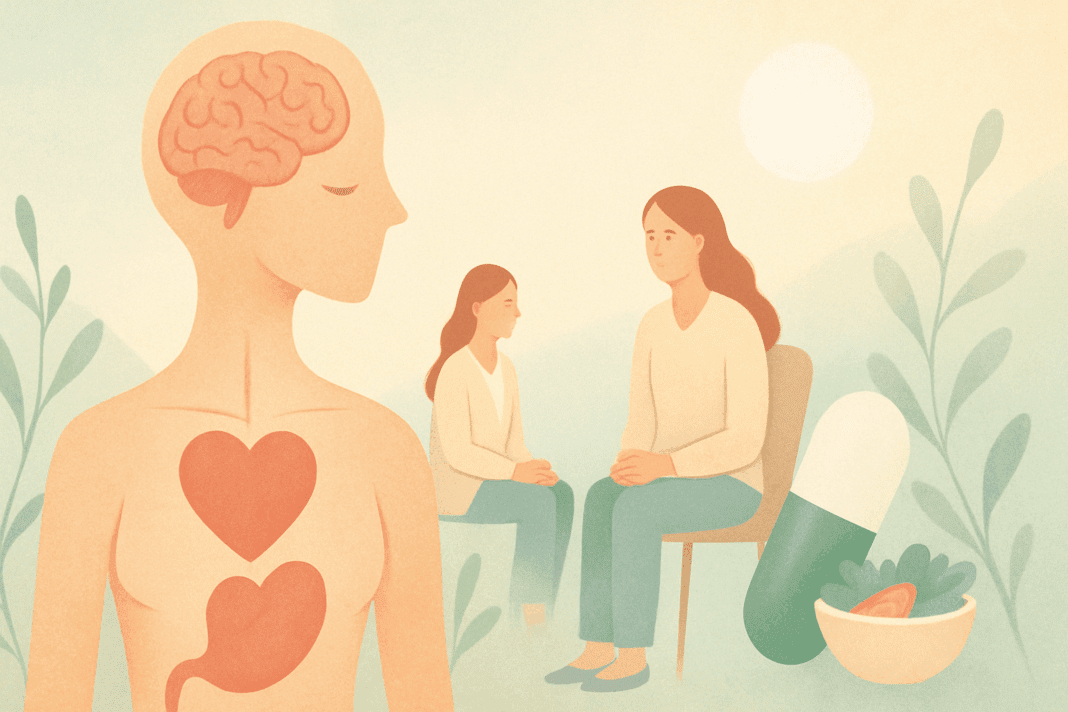 Abstract illustration symbolizing holistic recovery for anorexia nervosa, with a focus on anorexia medication, featuring a figure with a heart and brain, surrounded by therapy, medication, and nutritious food elements like a salad and pill, set in a calming, sunlit environment