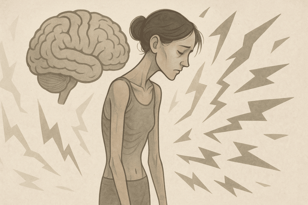 Understanding Anorexia Medication: How Drugs for Eating Disorders Fit into a Holistic Approach to Recovery 1 Illustration depicting the mental, physical, and emotional struggles of anorexia nervosa, highlighting the impact of anorexia medication on the individual’s brain and body, with a frail figure and jagged lines representing emotional distress