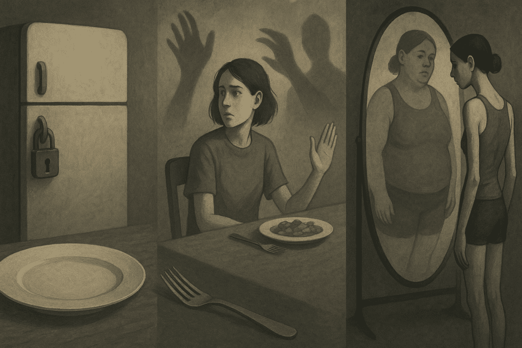 Understanding Anorexia Nervosa DSM-5 Criteria: How Early Signs of Starving Can Inform Healthier Eating Habits and Mental Wellness 2 Illustration representing Anorexia Nervosa DSM-5 Criteria with visual metaphors: a locked fridge and empty plate for restriction, a person avoiding food with looming shadows for fear, and a thin person seeing a distorted overweight reflection in a mirror for body image distortion