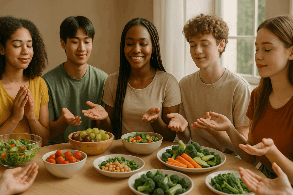 Understanding Anorexia Nervosa DSM-5 Criteria: How Early Signs of Starving Can Inform Healthier Eating Habits and Mental Wellness 5 A diverse group of young adults and teens practicing mindful eating around a table filled with fresh, colorful food, reflecting the importance of early awareness in health habits. The scene emphasizes inclusive representation and body-neutral imagery, fostering healthier eating habits through positive engagement. Anorexia Nervosa DSM-5 Criteria is not directly referenced but aligns with mindful approaches to health and well-being