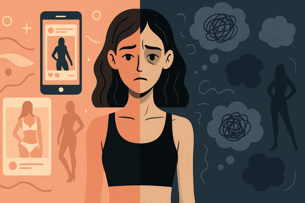 Understanding Anorexia: Why Anorexia Is a Mental Health Disorder and What You Should Know 4 Split digital illustration showing the impact of societal pressures on body image: one half depicts a person exposed to social media and beauty standards, while the other half portrays internal anxiety and self-doubt. This visual contrast highlights how cultural and societal influences can affect mental health, illustrating that Anorexia is a mental health disorder.
