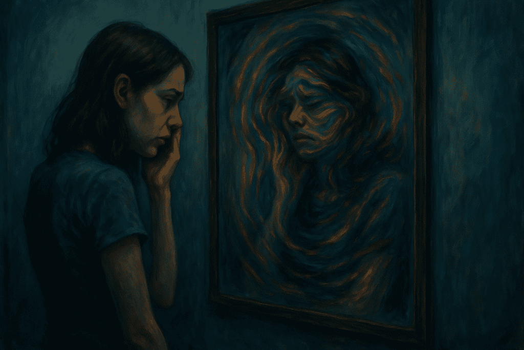 Understanding Bulimia Nervosa: What Cycles of Binge Eating and Purging Reveal About This Common Eating Disorder 2 Emotional turmoil in Bulimia Nervosa depicted through a woman gazing at her distorted reflection in a mirror, with vibrant, swirling colors symbolizing inner chaos, anxiety, and self-criticism