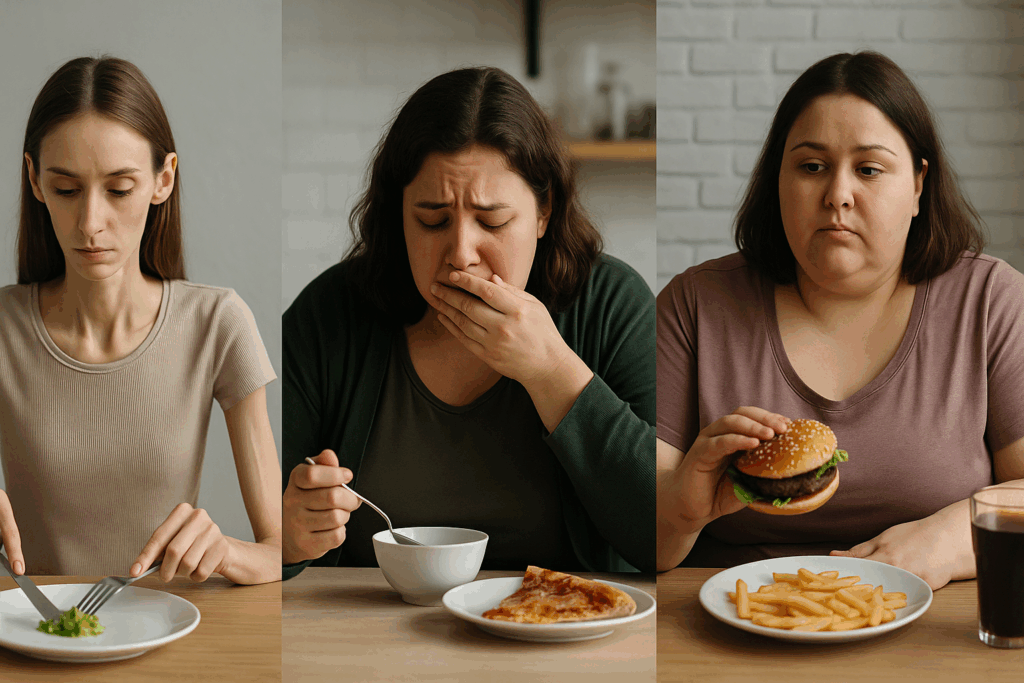 Understanding Bulimia Nervosa: What Cycles of Binge Eating and Purging Reveal About This Common Eating Disorder 4 Three women representing different eating disorders: a woman with anorexia nervosa eating a small portion of lettuce, a woman with bulimia nervosa showing signs of purging after eating pizza, and a woman with binge eating disorder casually enjoying a burger and fries, each in separate dining environments