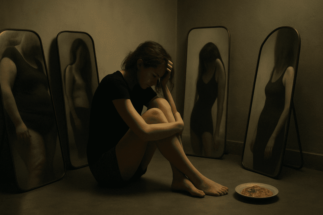 Young woman sitting on floor in dim room, surrounded by distorted mirrors and untouched food, symbolizing Depression and Eating Disorders