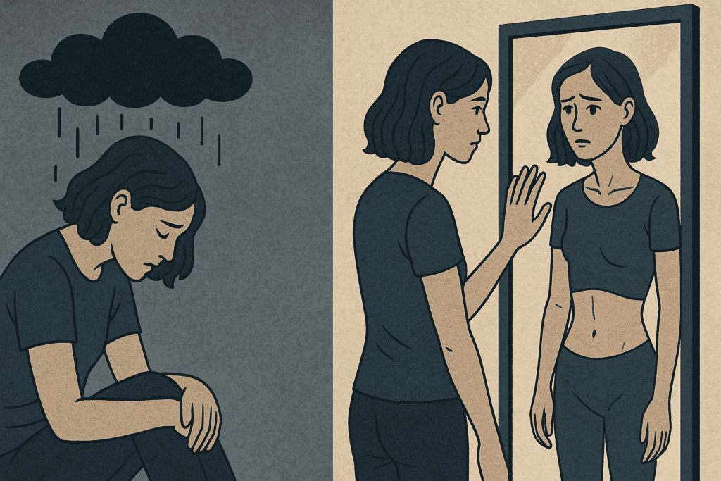 Split-view illustration depicting Depression and Eating Disorders, with a sad person under dark clouds and the same person viewing a distorted reflection in a mirror