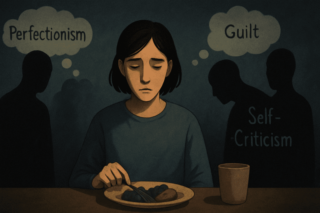 Understanding Depression and Eating Disorders: Can Depression Coexist with Anorexia and How Does Nutrition Play a Role? 3 Person with Depression and Eating Disorders sitting at a table, emotionally detached, surrounded by symbolic shadows of guilt, perfectionism, and self-criticism.
