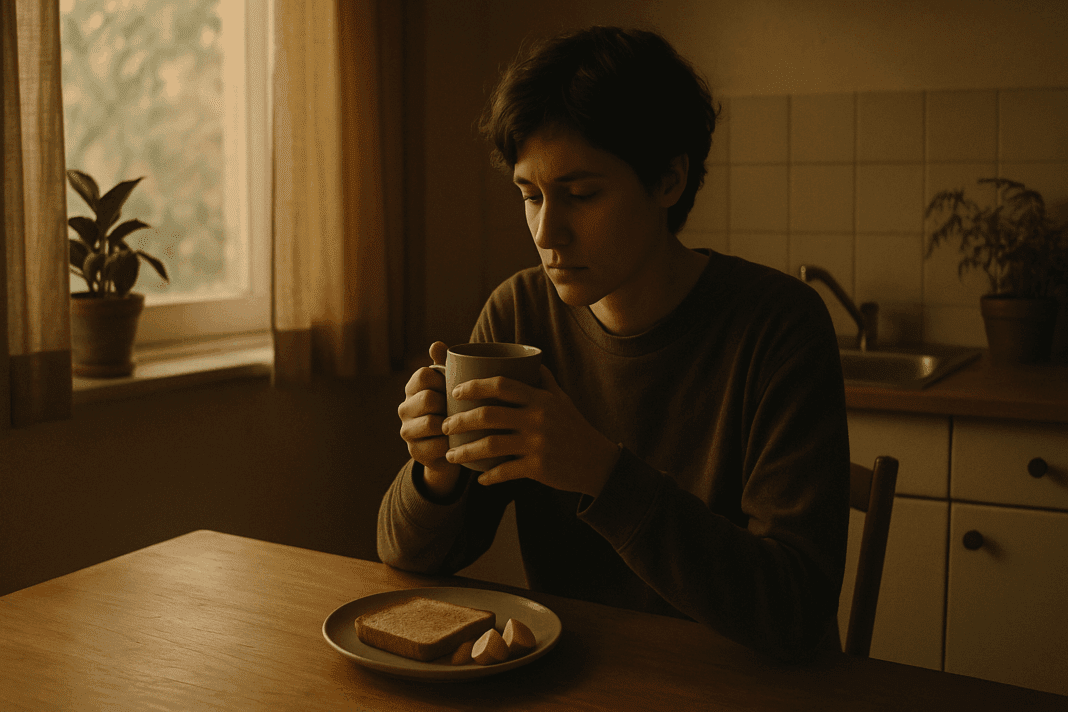 Young adult with light skin and dark brown hair sitting at a kitchen table, holding a warm mug, and looking down thoughtfully. The simple breakfast of toast and fruit reflects the emotional experience of depression and loss of appetite, with soft morning light and natural elements in the cozy room