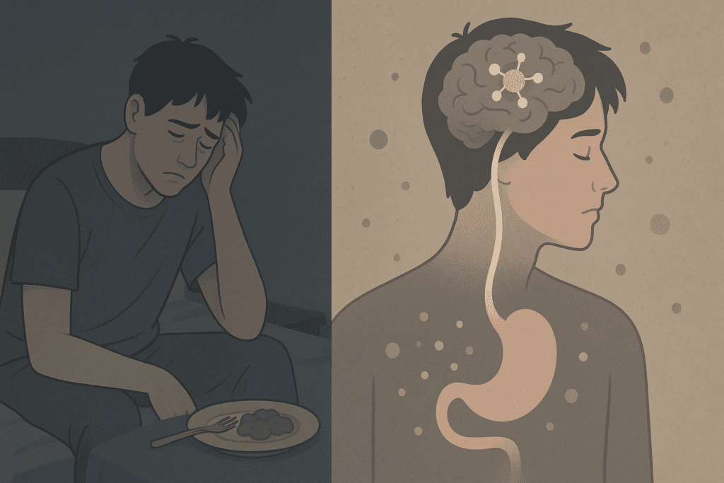 Understanding Depression and Loss of Appetite: How Mindful Eating Can Support Nutritional Wellness During Low Moods 1 Visual representation of the connection between Depression and Loss of Appetite, showing a split image of a fatigued person in a dark room disinterested in food, and the brain-stomach connection with neurotransmitters like serotonin and dopamine depicted on the other side.