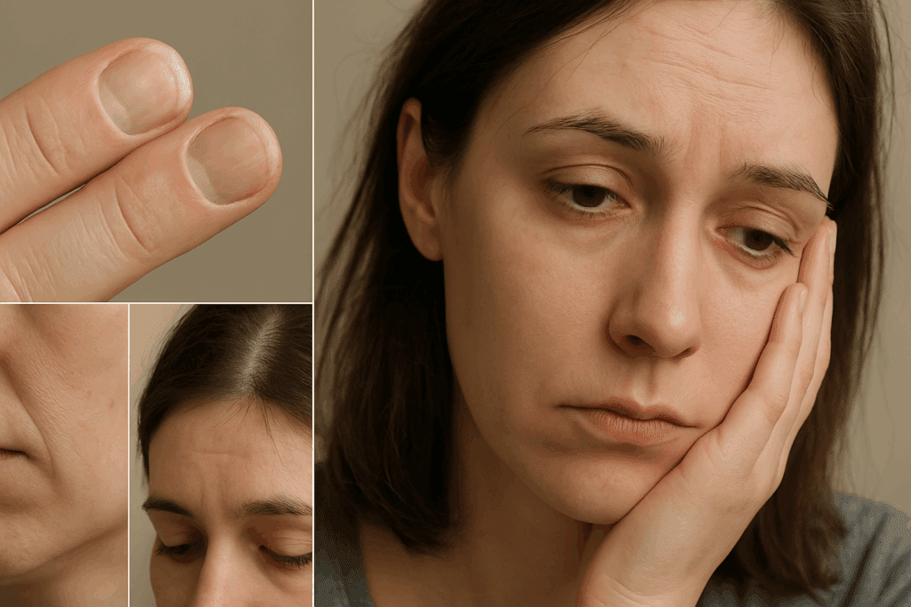 Understanding Depression and Loss of Appetite: How Mindful Eating Can Support Nutritional Wellness During Low Moods 2 Close-up of a person showing signs of nutritional decline due to depression and loss of appetite, including brittle nails, dry skin, thinning hair, and a fatigued expression. The image illustrates the physical effects of undernutrition during depression