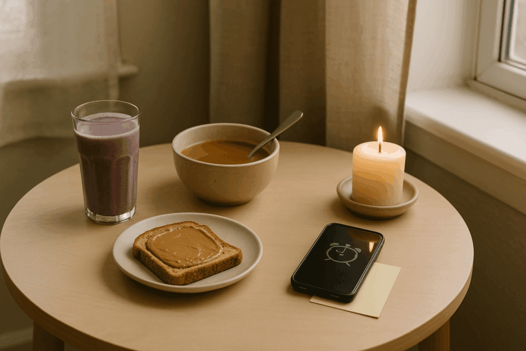 Understanding Depression and Loss of Appetite: How Mindful Eating Can Support Nutritional Wellness During Low Moods 3 Cozy meal setup featuring a smoothie, soup, and toast with nut butter on a light wooden table next to a window, symbolizing practical strategies for eating when struggling with depression and loss of appetite.