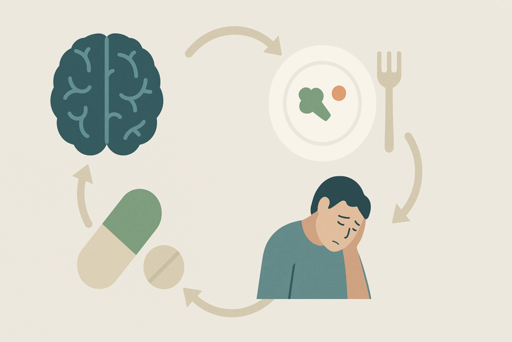 Understanding Depression and Loss of Appetite: How Mindful Eating Can Support Nutritional Wellness During Low Moods 6 Infographic illustrating the cycle of depression and loss of appetite, featuring icons representing a brain, a plate with minimal food, a tired person, and a vitamin capsule, with arrows connecting the stages in a continuous flow. The image visually conveys the link between depression and loss of appetite