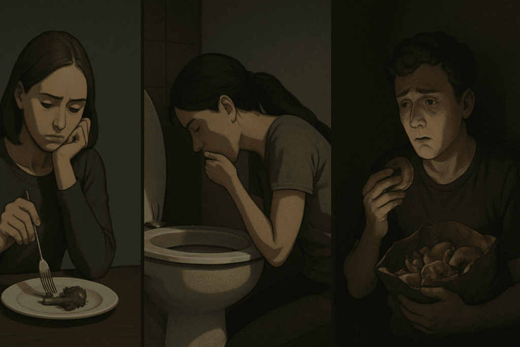 Understanding Disordered Eating vs Eating Disorder: Key Differences, Definitions, and When to Seek Help 2 Split-scene illustration showing disordered eating vs eating disorder: a woman restricting food, another purging in a bathroom, and a man binge eating alone