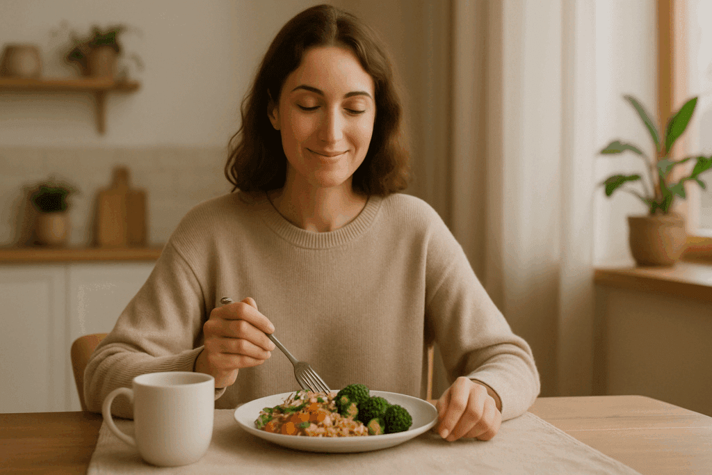 Understanding Disordered Eating vs Eating Disorder: Key Differences, Definitions, and When to Seek Help 6 Young woman practicing mindfulness while eating a balanced meal, highlighting the contrast between disordered eating vs eating disorder