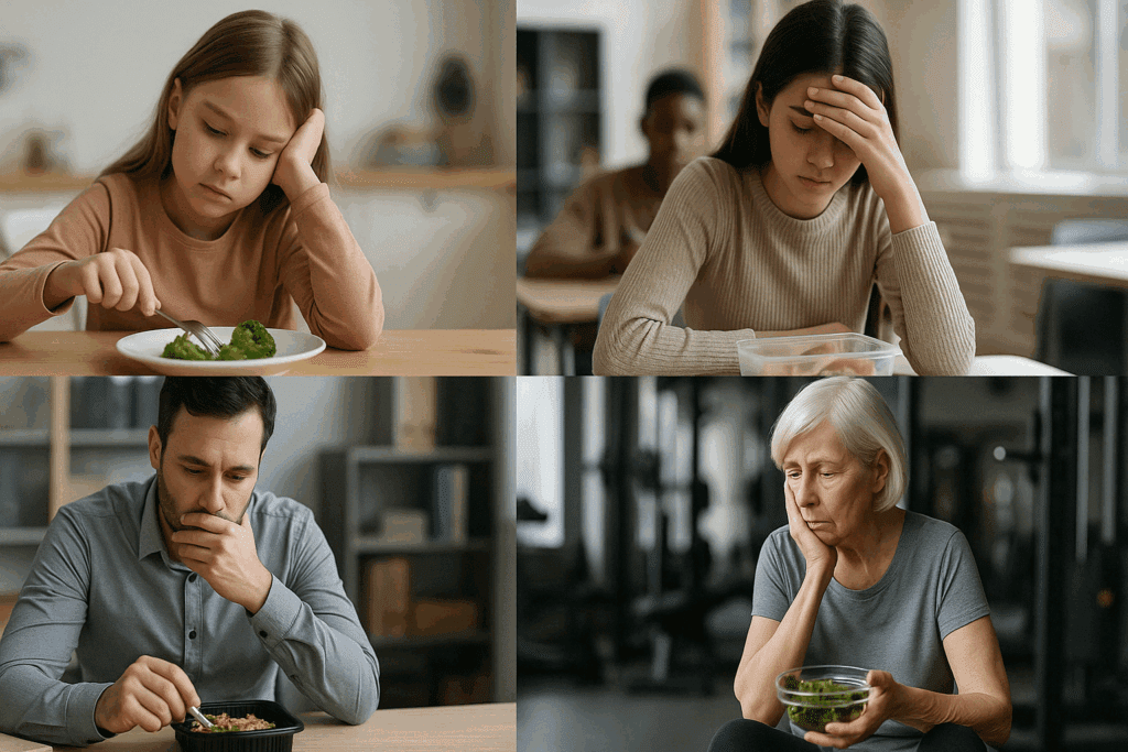 Understanding Eating Disorder Statistics in America: What the Numbers Reveal About Anorexia, Bulimia, and Other ED Types 3 Children, teens, adults, and seniors of diverse genders showing emotional distress while eating in settings like home, school, office, and gym, illustrating Eating Disorder Statistics in America.
