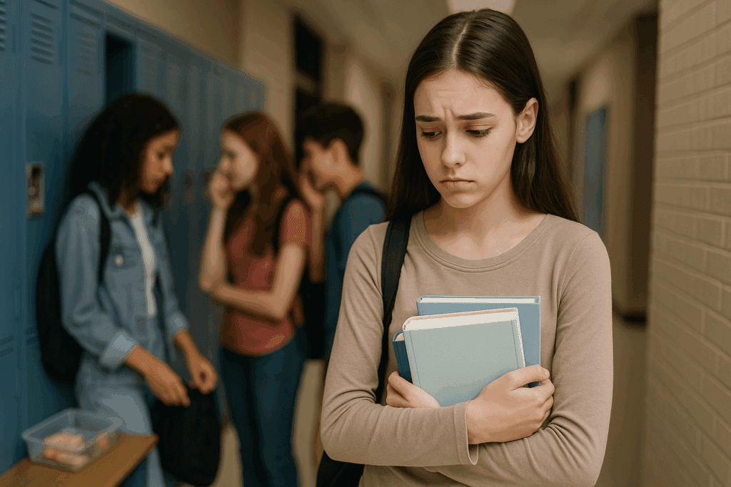 Teenage girl in school hallway showing signs of eating disorders in teens, standing apart from peers with a worried expression and clutching books, symbolizing social withdrawal and emotional distress